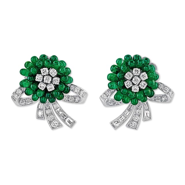A Pair Of Emerald & Diamond Ear Clips