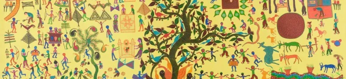 my village, bhil painting by bhuri bai